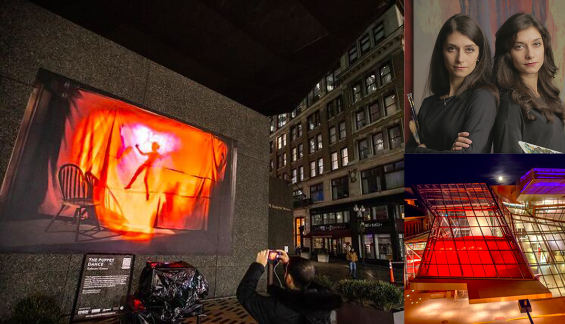 triple image collage. On left, Outdoor nighttime scene of "Puppet Dance", a video painting by the Safarani sisters. Top Right, photo of Bahareh and Farzaneh Safarani, Bottom Right, a nighttime view of the lobby of Akron Art Museum