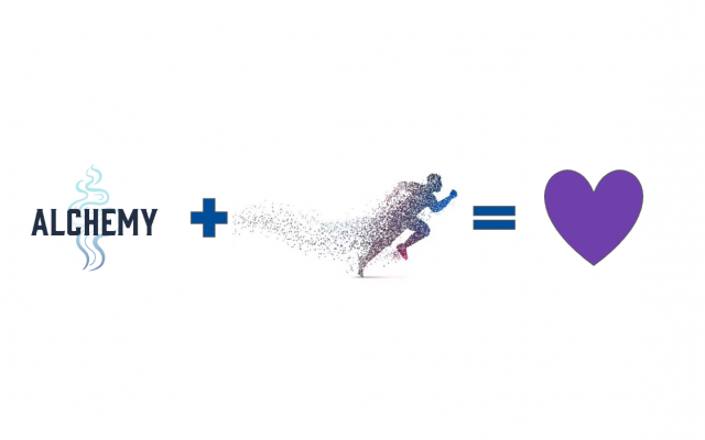 Cartoon of Alchemy logo, plus sign, runner, and equals a purple heart