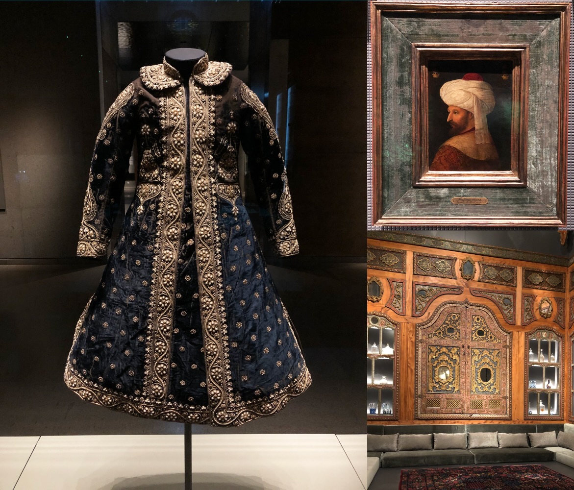 MIA highlights Blue coat, painting and wall panel with objects in cases. Three images showing the collection.