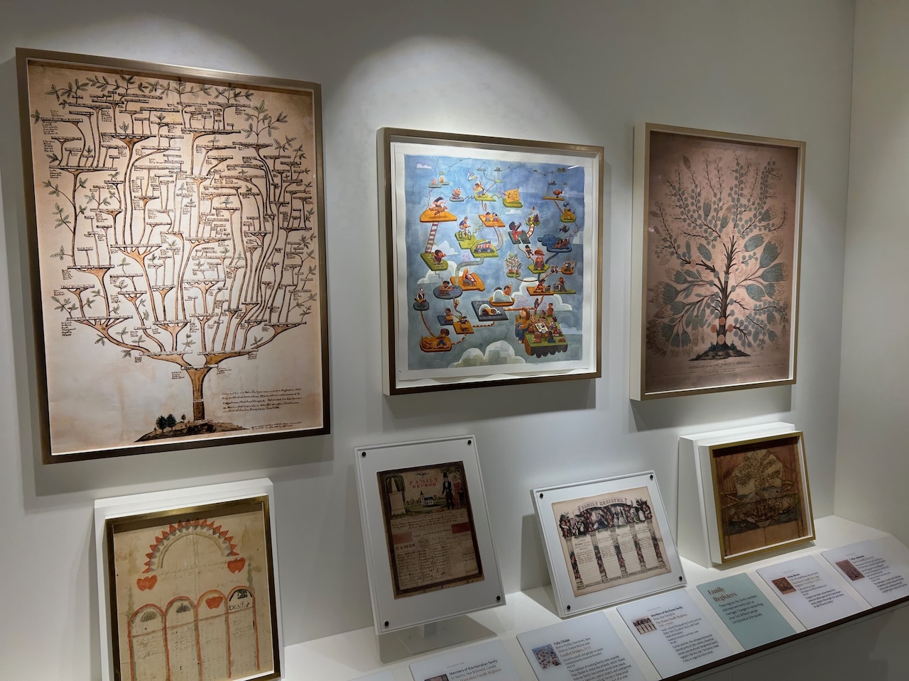family tree detail Installation of family trees in a gallery. Focus on central tree done in a contemporary style.